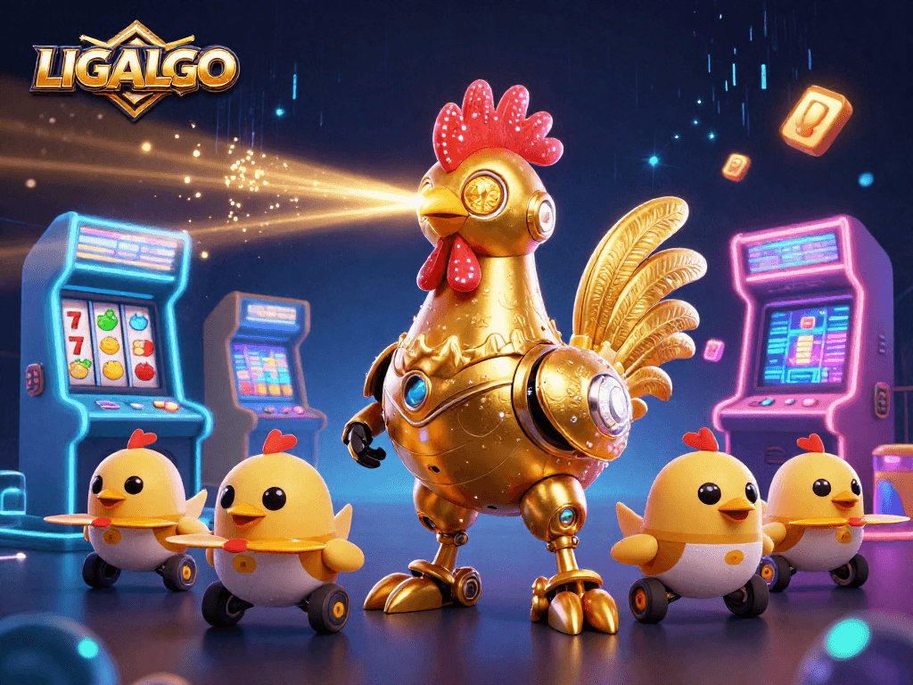 LIGALGO showcases a vibrant 3D illustration of golden rooster robot and baby chick drones in a casino arcade.