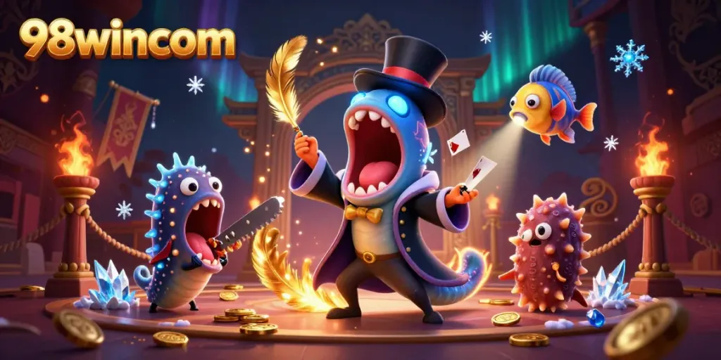 Engage in thrilling underwater magic with 98wincom's vibrant casino-themed illustration featuring deep-sea creatures.