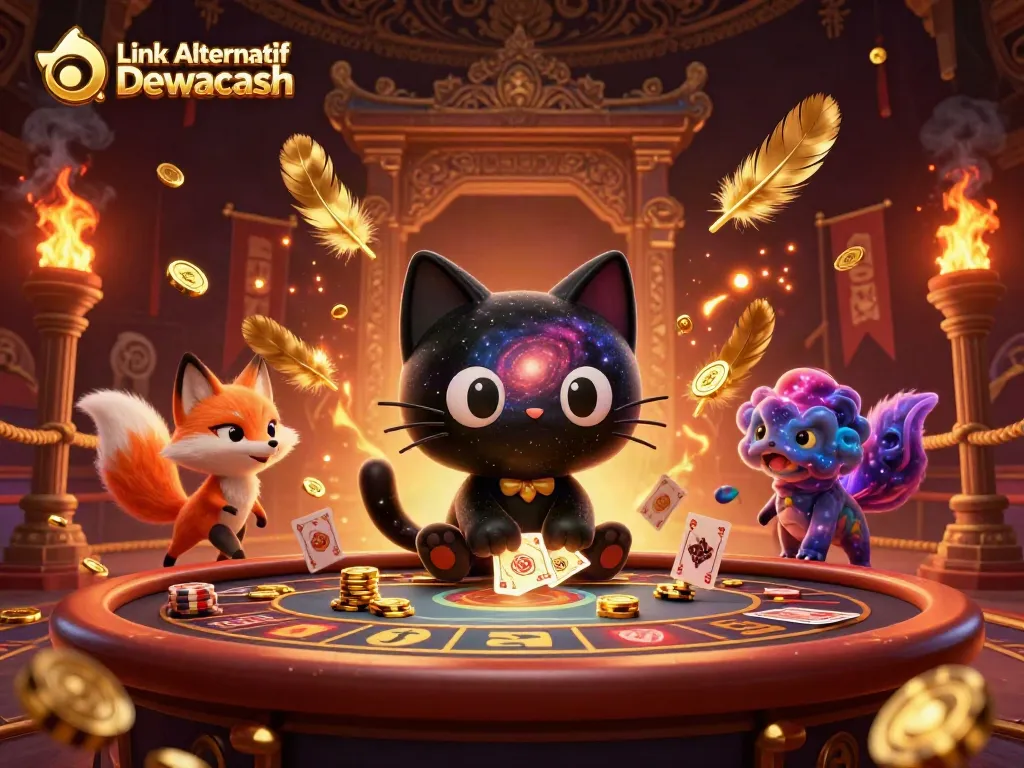 Link Alternatif Dewacash highlights a cosmic casino scene with animated characters winning chips.