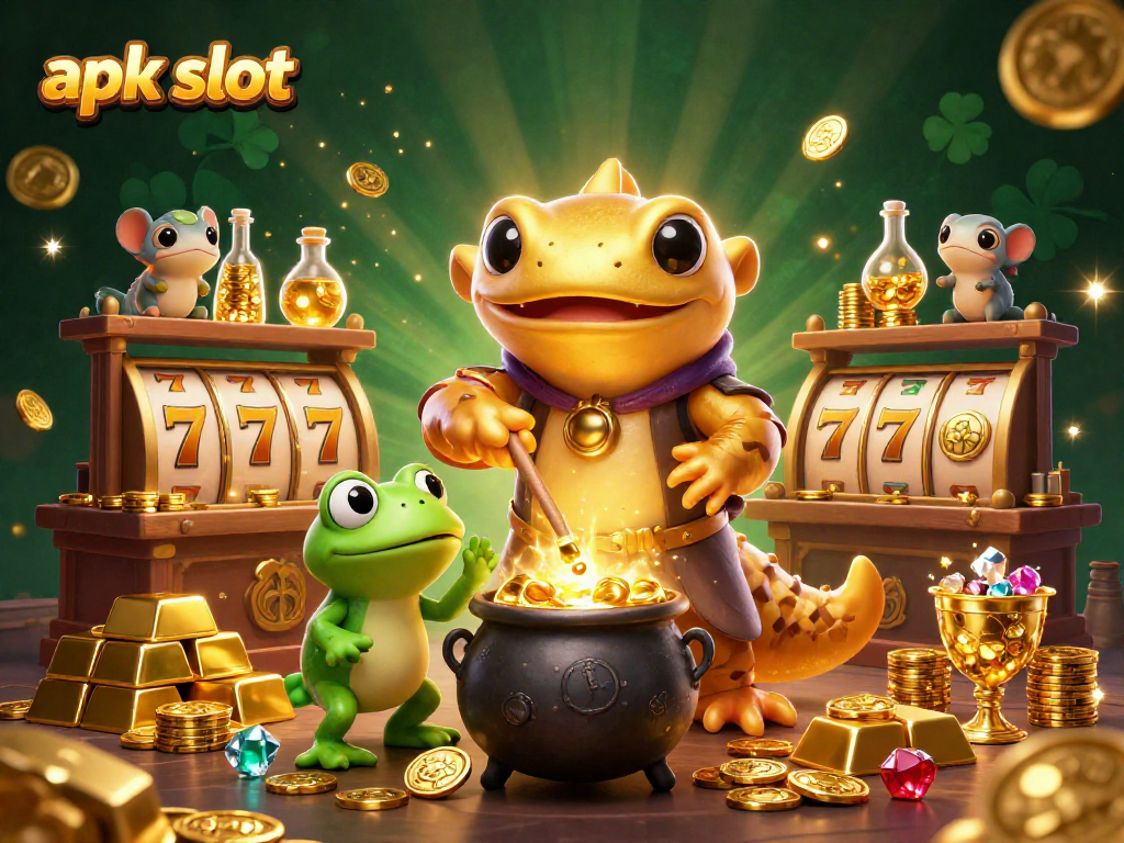Maksimalkan pengalaman permainan apk slot dengan karakter alchemist bergerak cairan emas.