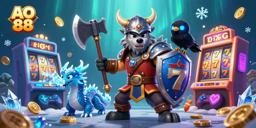 Engaging 3D scene of AO 88 with Viking wolf warrior, dragon, and ravens by slot machines.