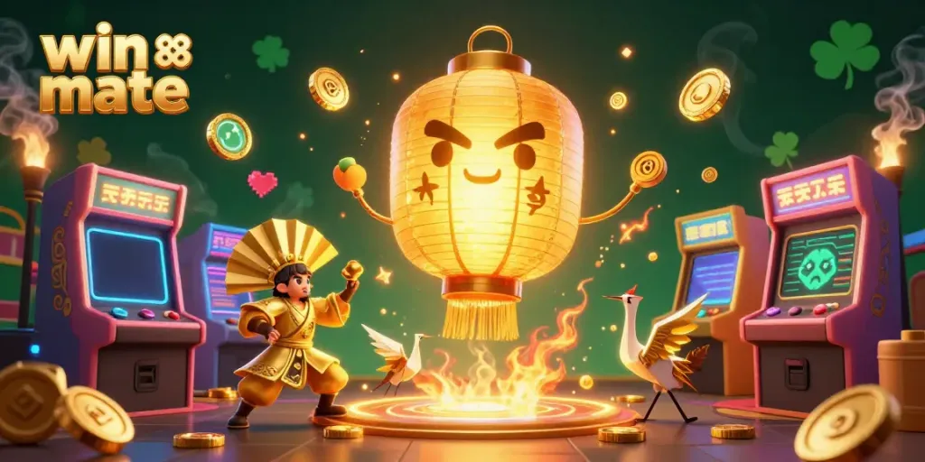 Experience the excitement at win mate 88 with this animated casino scene featuring vibrant game elements and lucky symbols.