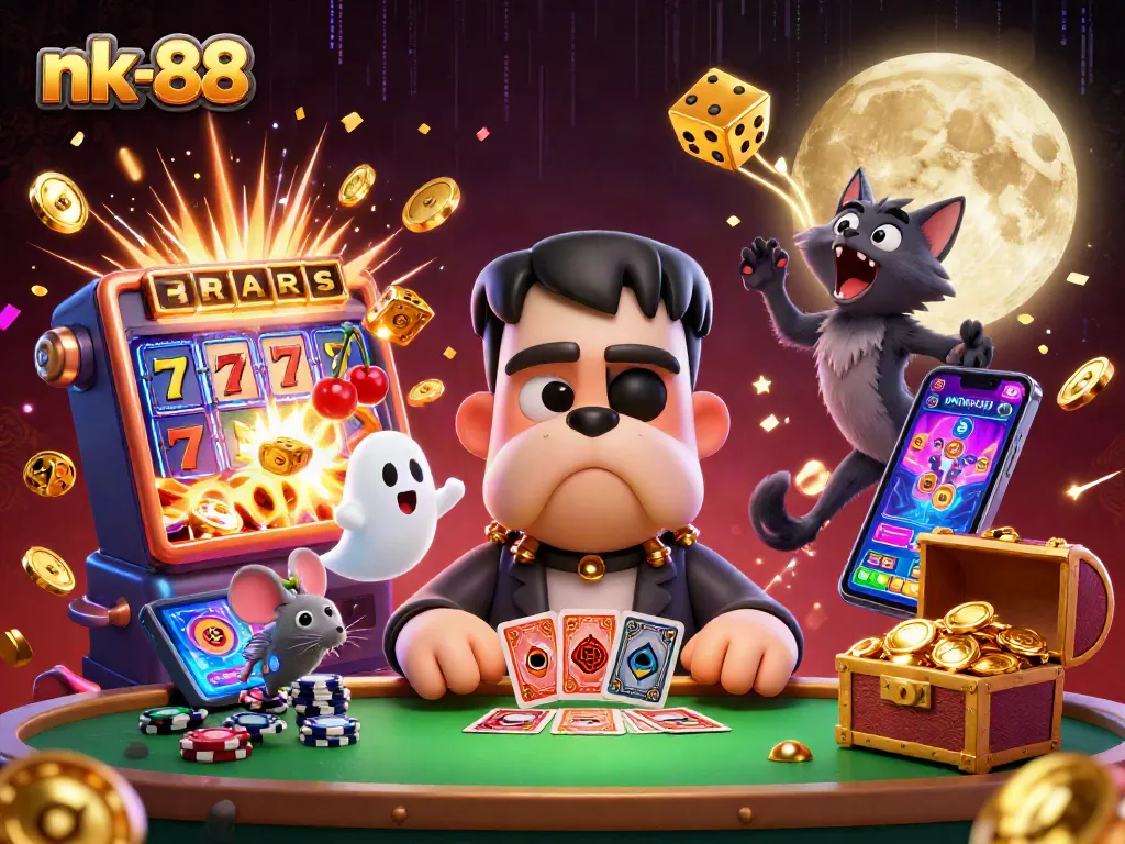 Engage in thrilling gameplay at nk-88 with a lively scene featuring a cartoon bulldog dealer, dynamic casino elements, and exciting gaming atmosphere.