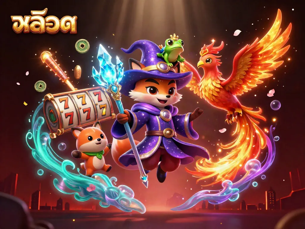 Engaging scene of a mystical wizard fox and phoenix in a vibrantสล็อต setting with slot reels and festive decorations.