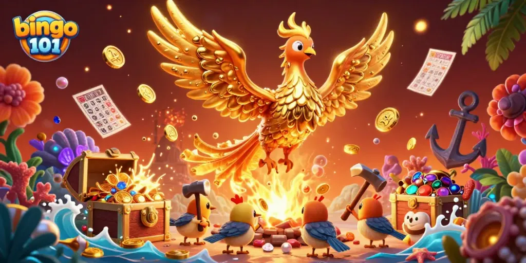 Pengalaman bermain bingo 101 dengan ramai dan penuh warna, menampilkan burung phoenix emas dan elemen permainan bingo.