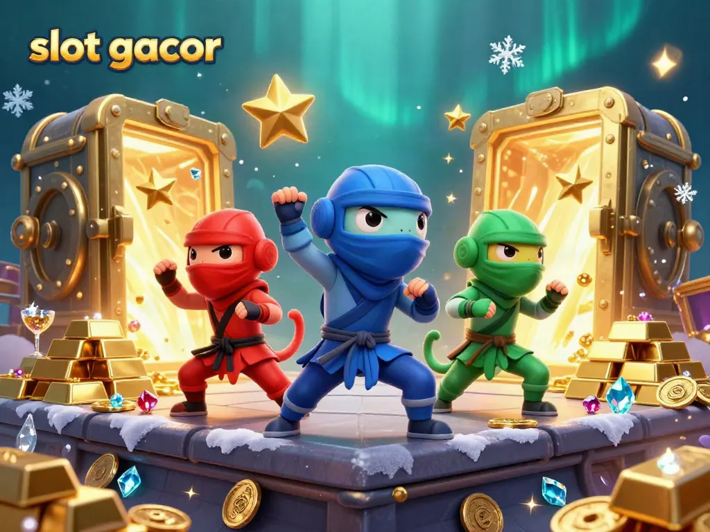 Experience excitement with a 3D illustration of "slot gacor" featuring chameleon ninjas amidst golden treasures.