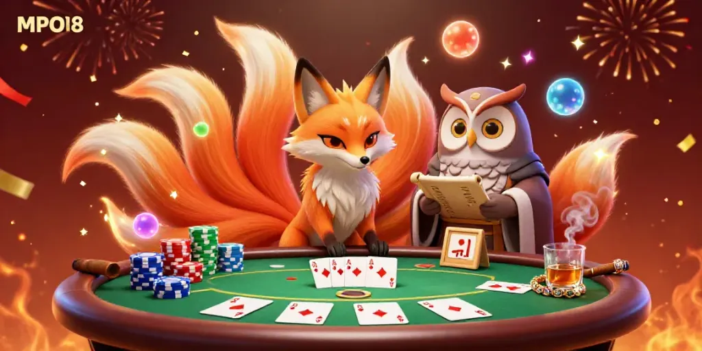 Join the fun at MPO08 with a vibrant scene of gaming excitement showcasing poker elements and enchanting characters.