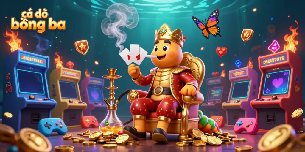 Cá độ bóng đá scene with a whimsical caterpillar master and casino-themed elements creating vibrant excitement.