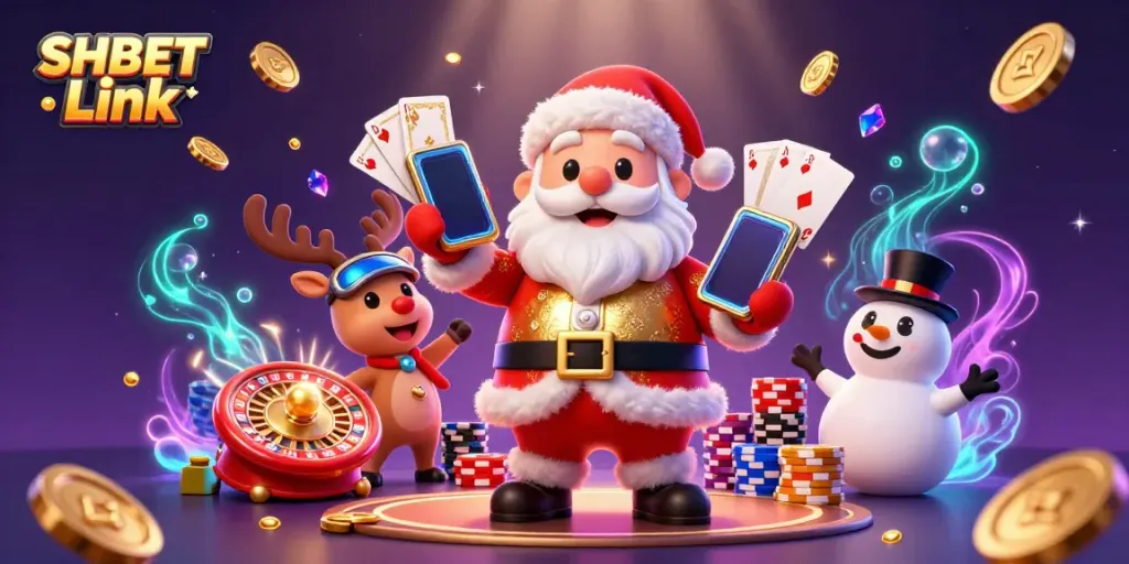 Experience the thrill at SHBET Link with this vibrant casino scene featuring Santa and friends.