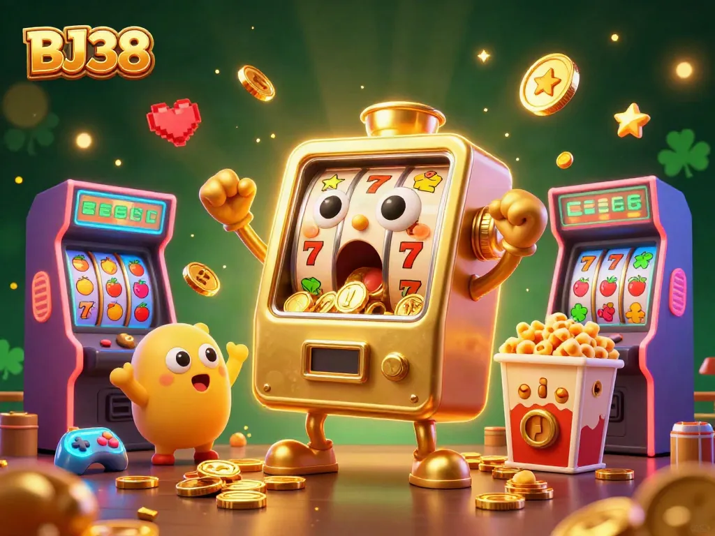 Experience the excitement of BJ38 as a golden slot machine hits the jackpot, with cheering companions and golden kernels.