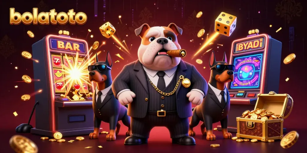 Engage with bolatoto gaming experience featuring a mafia boss bulldog and vibrant slot elements.