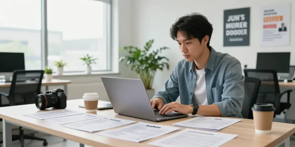 หางาน applications being reviewed by a professional in a modern office workspace.
