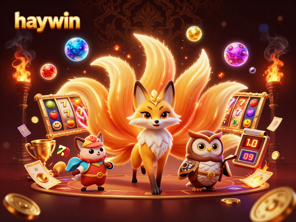 Experience the vibrant gaming atmosphere of Haywin as you spin slot reels with colorful characters in a dazzling setting.