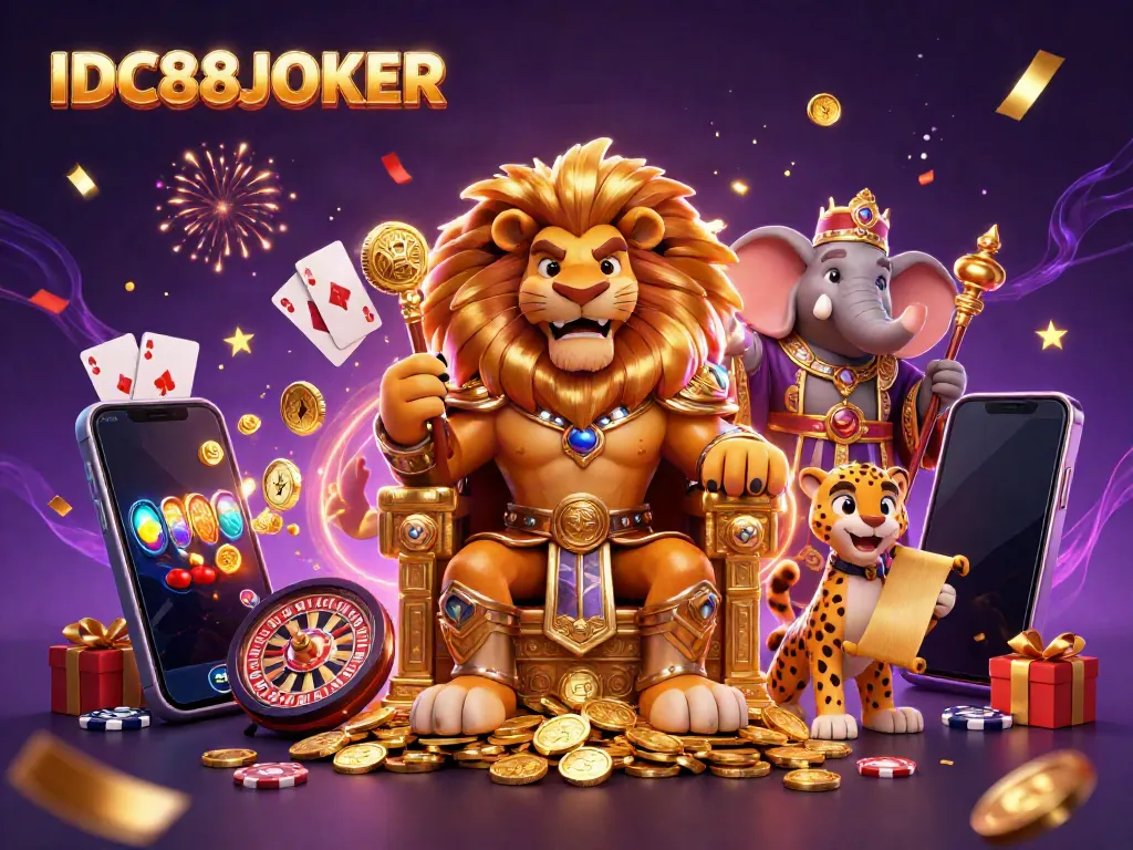 Experience IDC88JOKER through a vibrant 3D casino scene featuring a lion king, elephant advisor, and cheetah messenger with dynamic gaming elements.