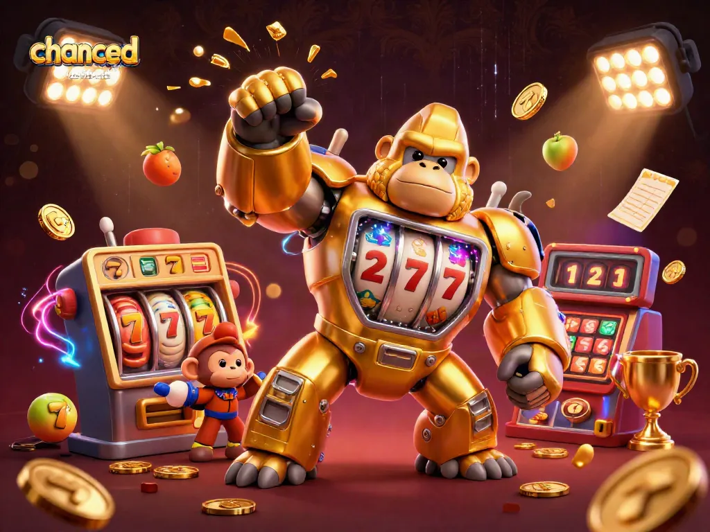 Experience exciting gameplay with Chanced casino bonus codes featuring a golden gorilla mech and slot reels.