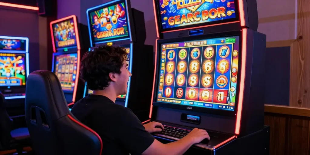 Player enjoying slot gacor experience at a vibrant online casino, showcasing exciting game visuals.