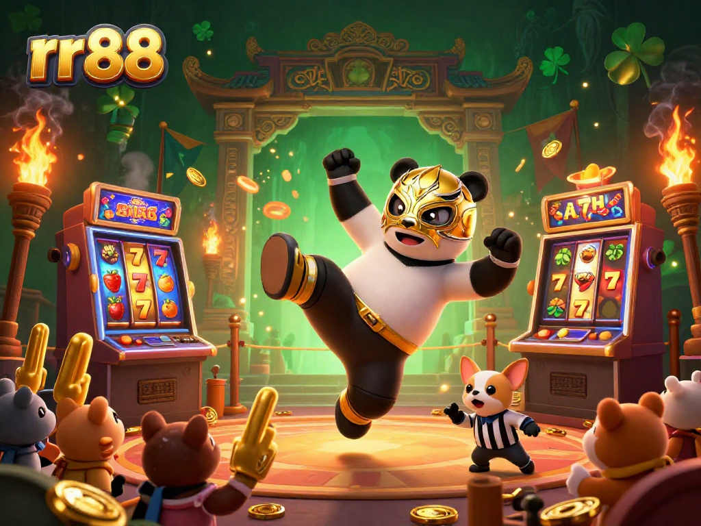 Witness the action at rr88's vibrant casino with a wrestler panda and animal fans cheering!