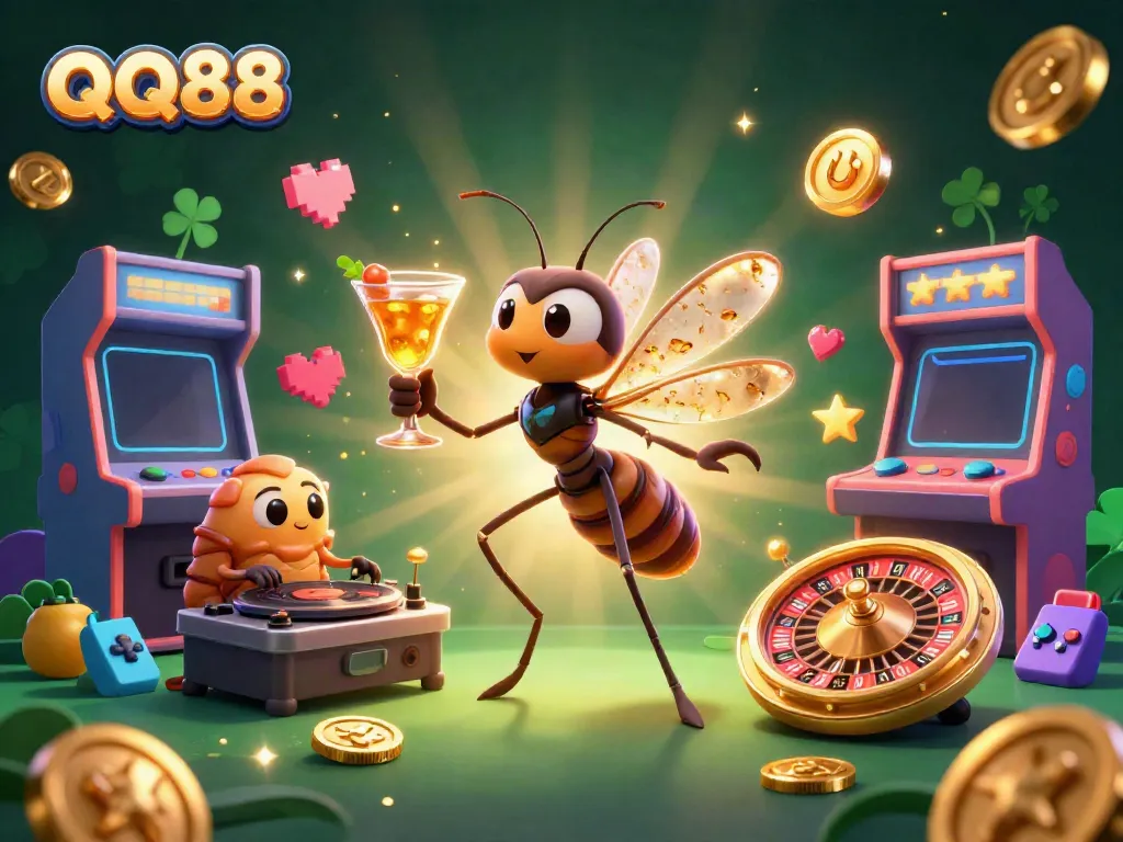Experience thrilling gaming adventures at QQ88 with vivid characters and festive casino elements.