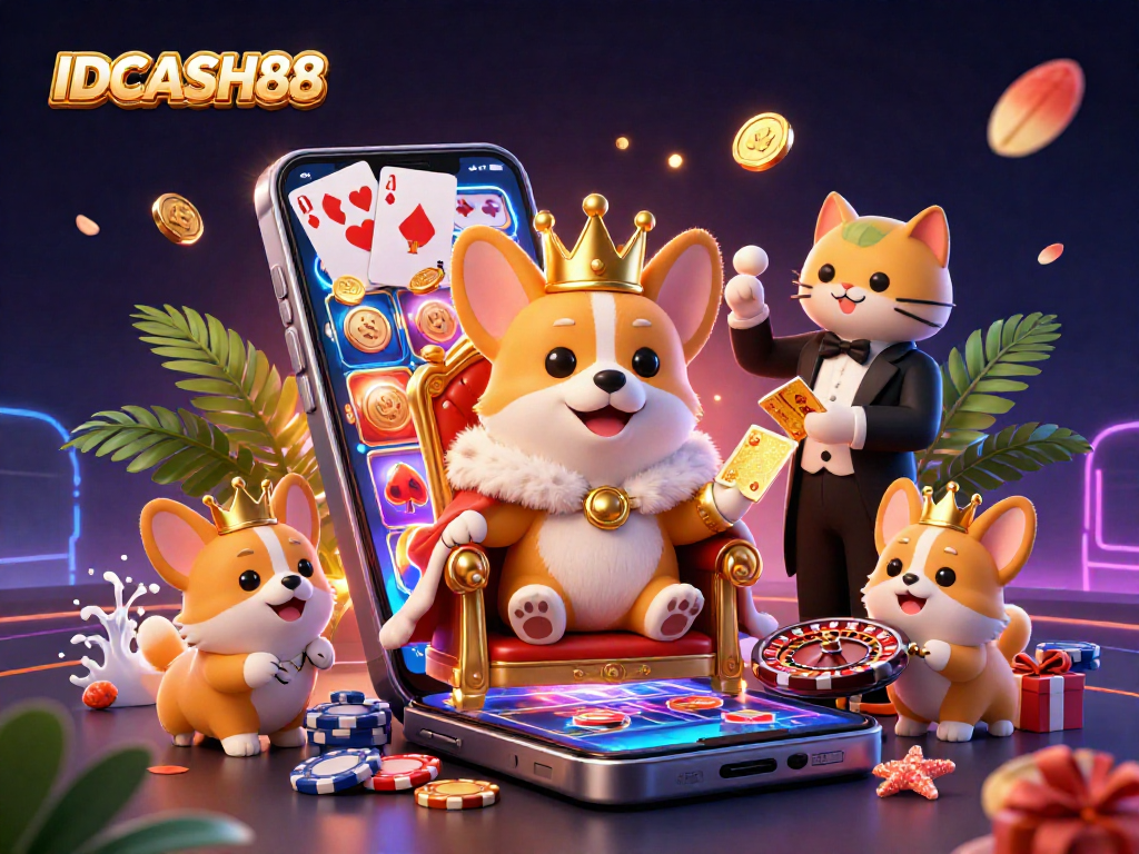 Enter the exciting world of IDCASH88 slot games with vibrant corgis and dazzling gold coins.