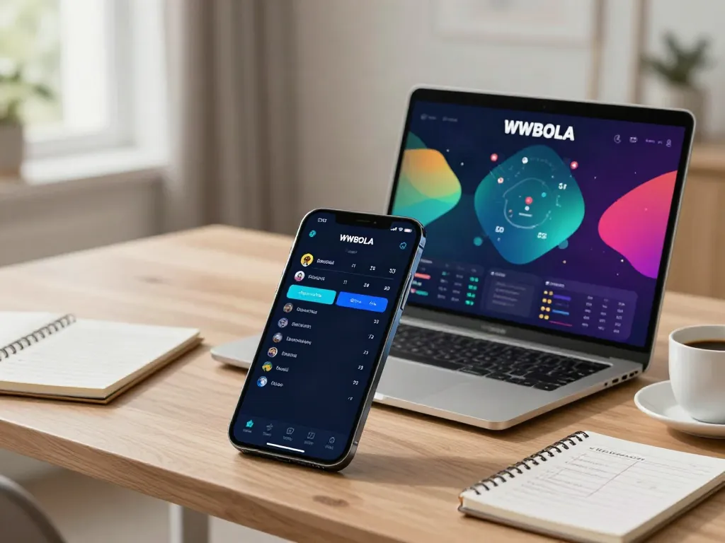 WWBOLA mobile sports betting analysis with user exploring odds and statistics, vibrant desktop setup.