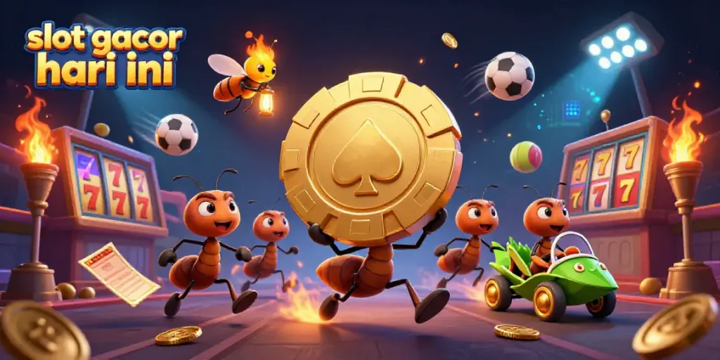 Experience thrilling adventures in slot gacor hari ini with ants on a heist, golden poker chips, and vibrant casino elements.