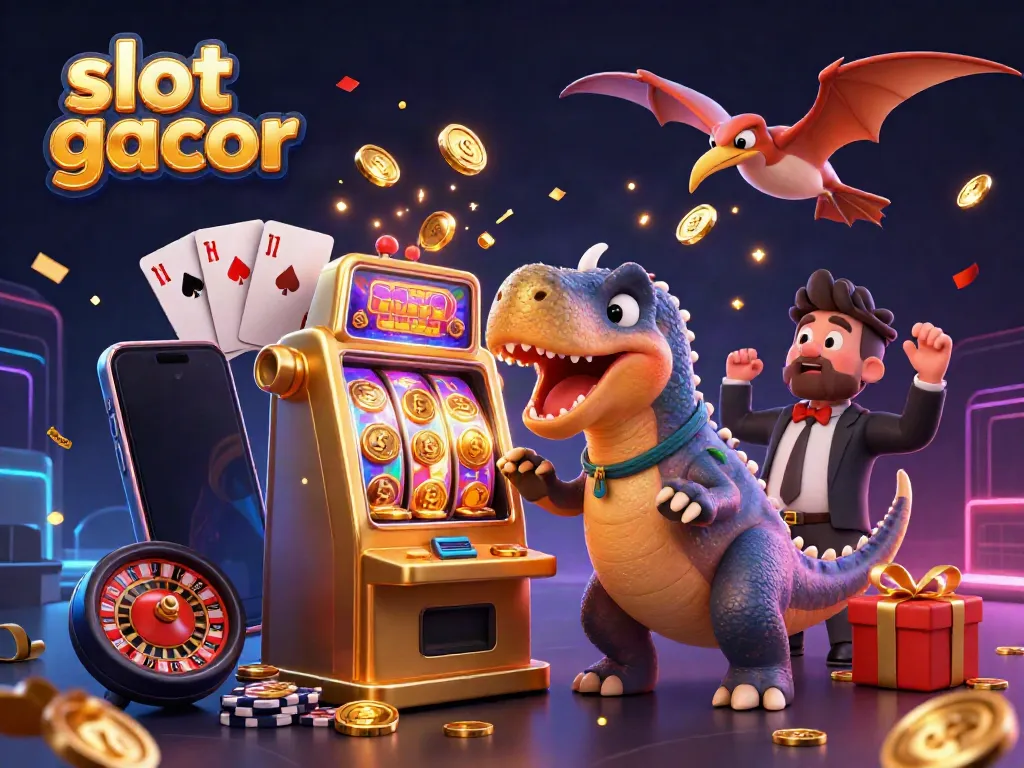 Enjoy a thrilling slot gacor experience with vibrant scenes of jackpot wins and fun gaming elements.