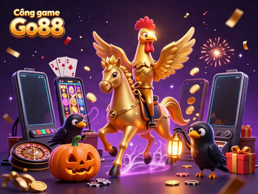 Cổng game Go88 showcases a golden rooster in a dynamic casino scene with festive elements and winning symbols.