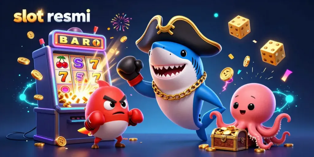 Experience thrilling moments with slot resmi as a pirate shark, pufferfish, and octopus celebrate a jackpot amidst coins and casino symbols.
