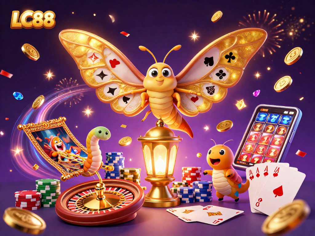 Experience the excitement of LC88 with a vibrant 3D scene featuring dynamic casino elements.