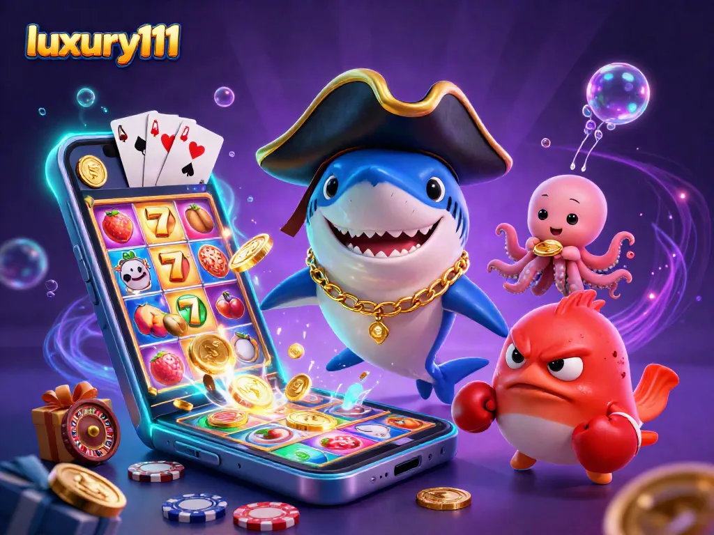 Experience thrilling gameplay with luxury111 featuring a pirate shark, pufferfish, and octopus in a vibrant casino illustration.
