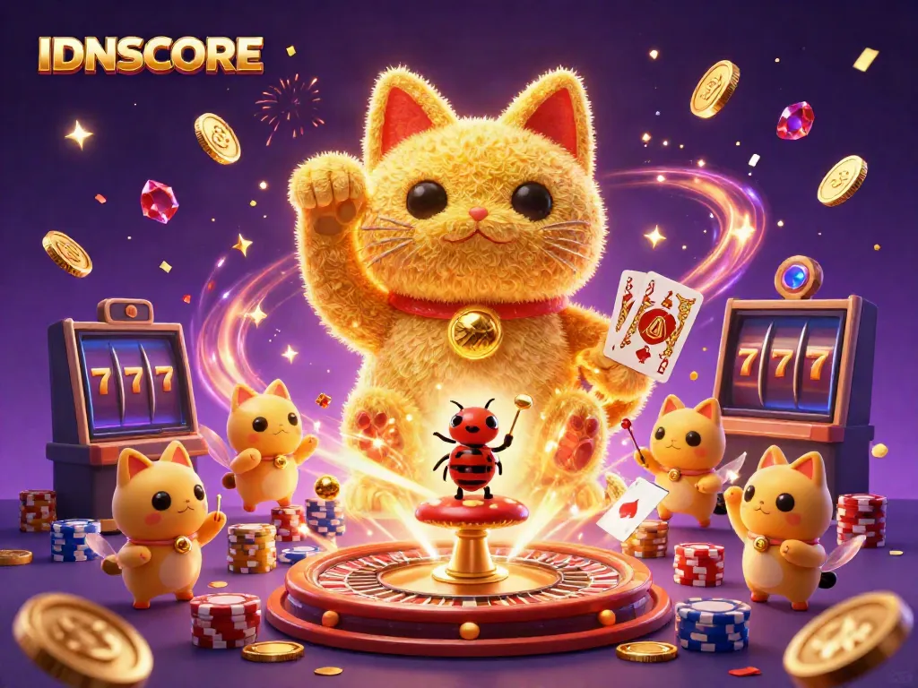 Experience IDNSCORE's vibrant casino world with a lucky cat and dynamic gaming symbols.