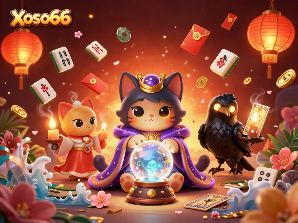 Xoso66 lottery and gaming scene featuring a mystical cat and raven amid vibrant casino elements.