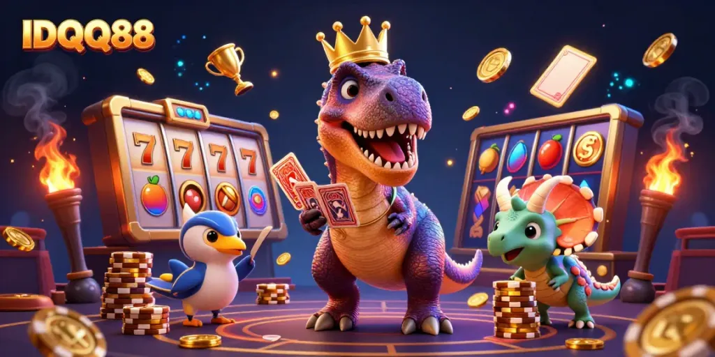 Engage in exciting gameplay at IDQQ88 with vibrant characters and dynamic slot elements illuminating the scene.
