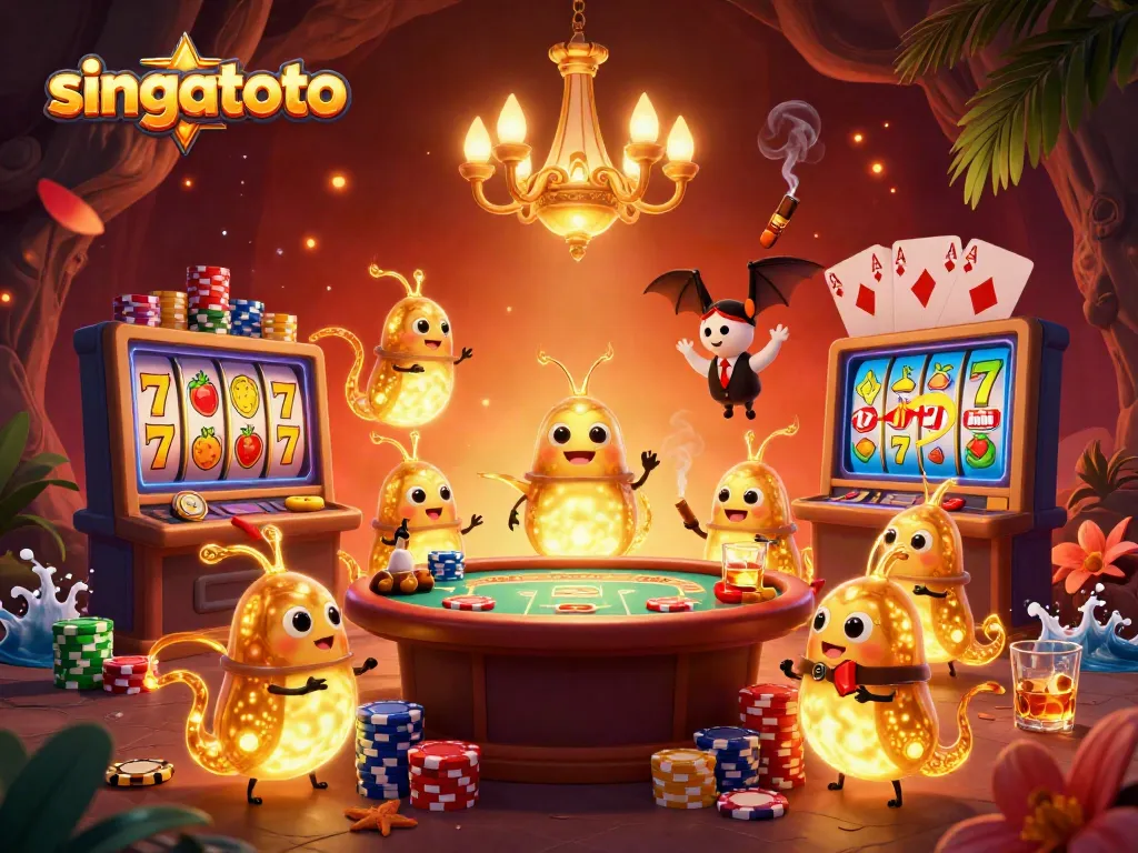 Experience the vibrant atmosphere of singatoto with glowworms lighting a lively cave casino scene.