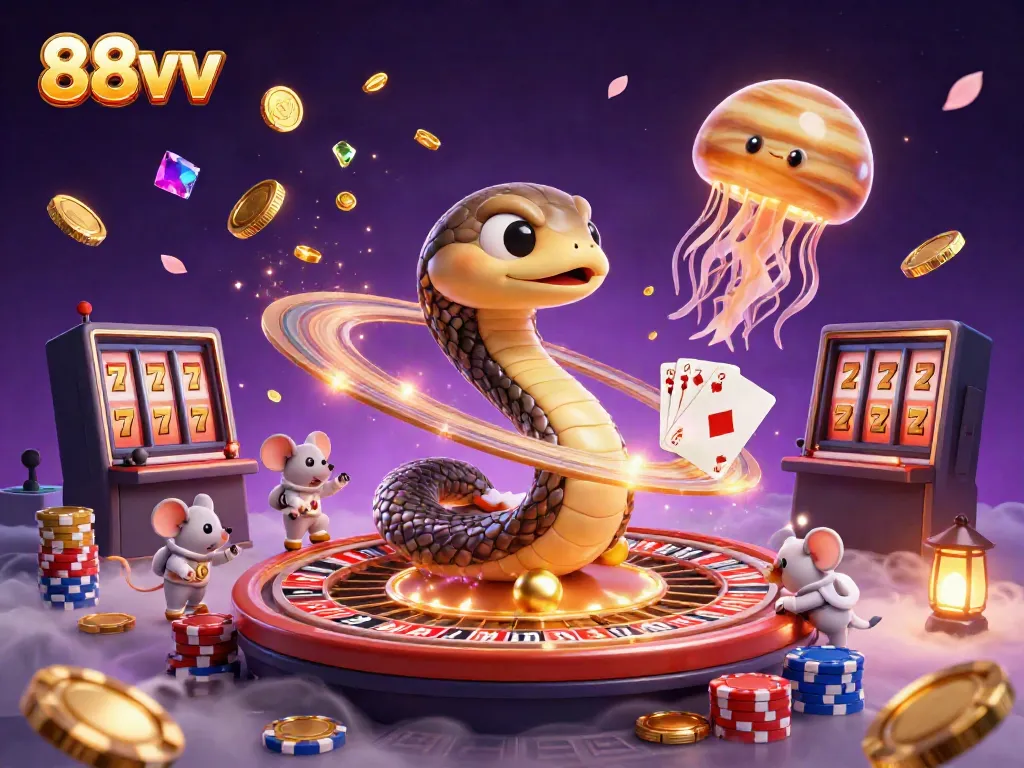 Place bets with 88vv as astronaut mice enjoy cosmic gambling fun in a vibrant casino scene.