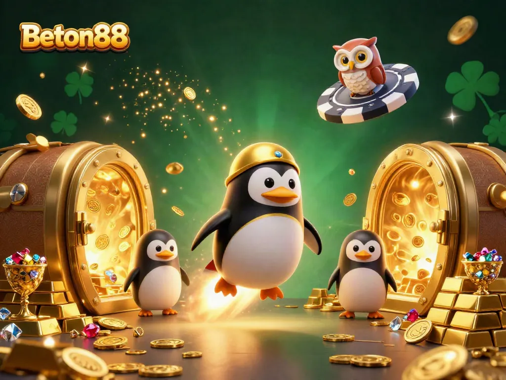 Beton88 menghadirkan aksi digital menakjubkan dengan penguin emas dan unsur kasino yang kaya.