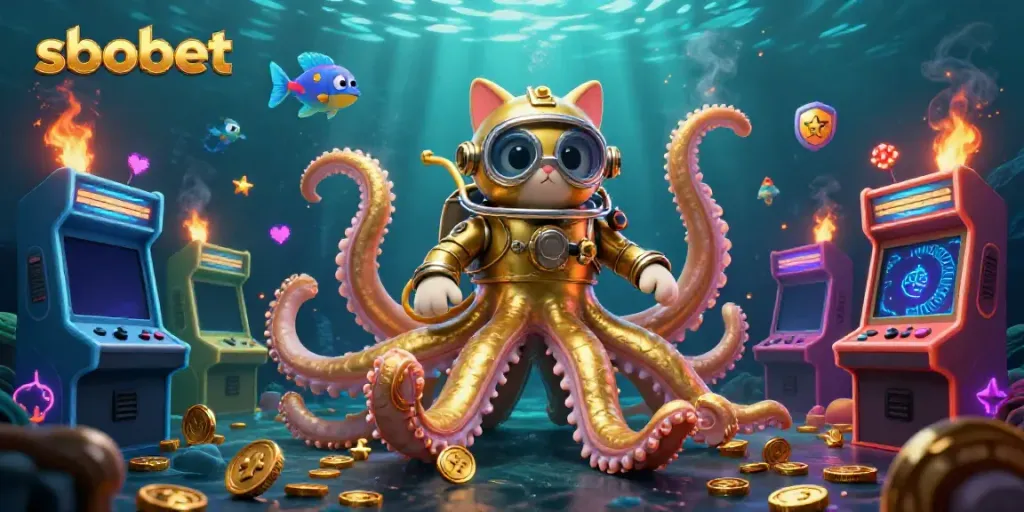 Engage with sbobet through a vibrant 3D illustration featuring a golden kraken, diving cat, and arcade game elements combined.