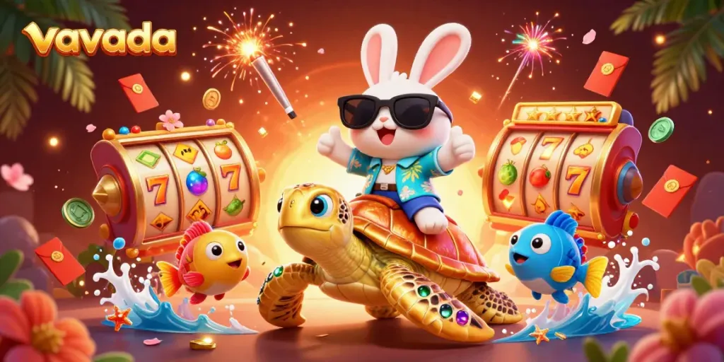 Join the excitement at Vavada with a cartoon rabbit and sea turtle celebrating wins in an enticing casino scene.