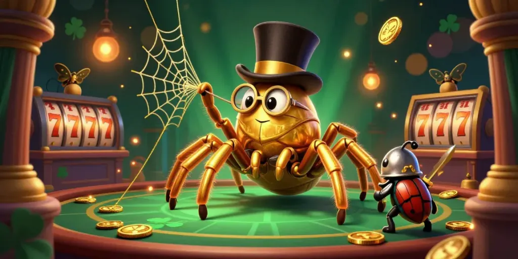 IWIN showcases a thrilling casino scene with a golden tarantula and a beetle knight amidst slot machines and gold coins.