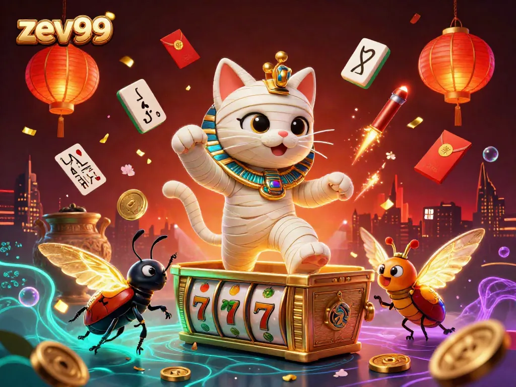 Experience thrilling slot adventures with zev99 featuring an Egyptian mummy cat and rich casino elements.
