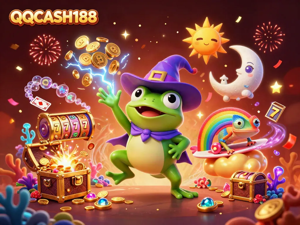 Experience vibrant gameplay with QQCASH188 in this thrilling casino artwork featuring magical characters and gold-filled treasures.
