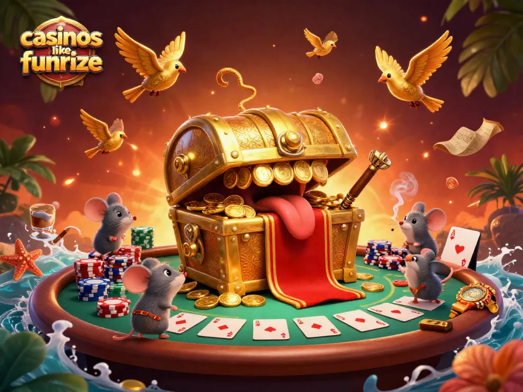 Experience the excitement at casinos like funrize with a treasure chest and poker elements.