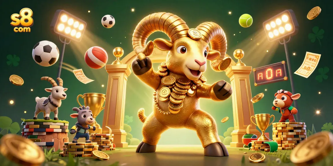 Experience vibrant, action-packed gameplay with s8 com alongside iconic golden ram in 3D casino illustration.