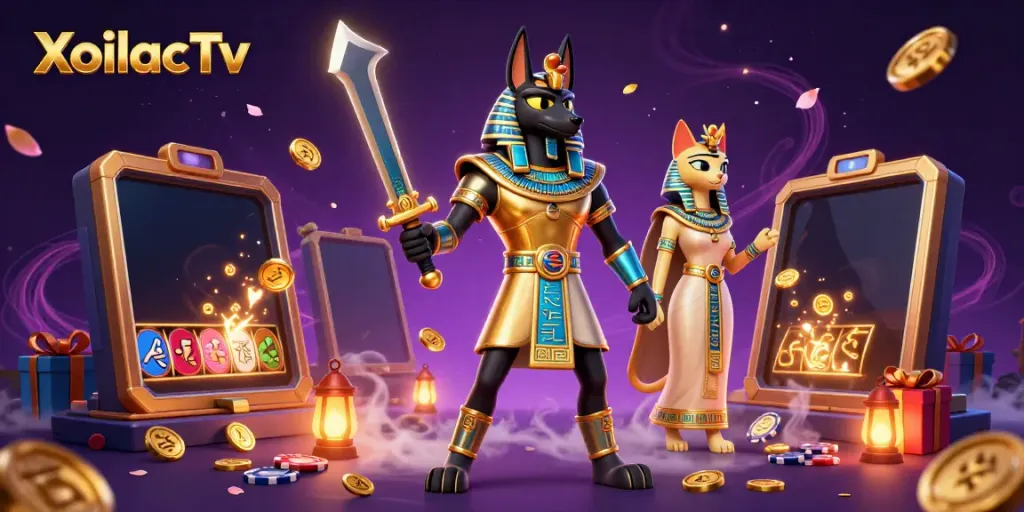 XoilacTv showcases an epic scene with the warrior Anubis and Bastet among dynamic casino elements.
