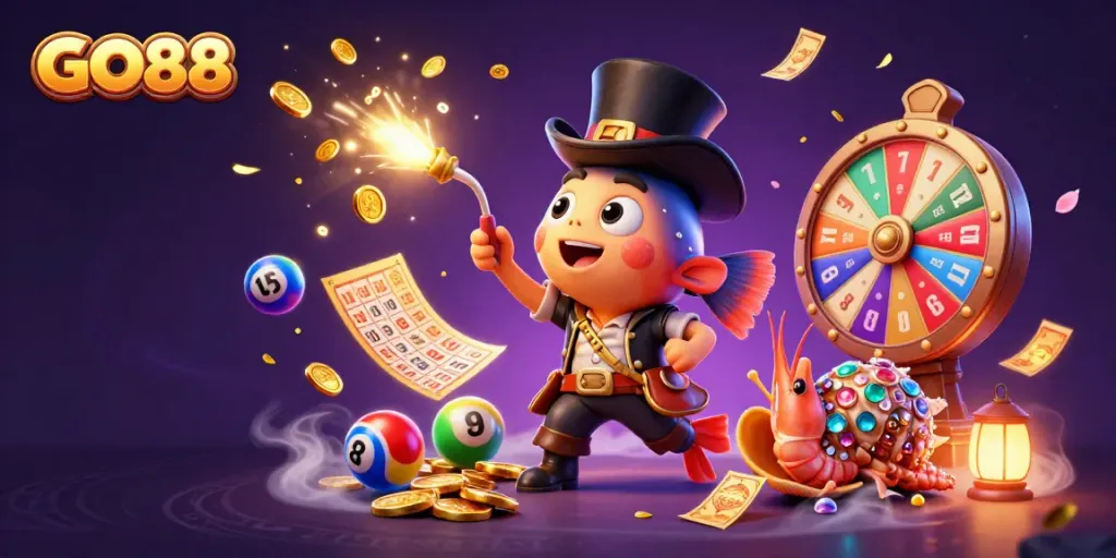 Experience GO88's vibrant gaming world with a treasure-rich anglerfish and vibrant game elements.