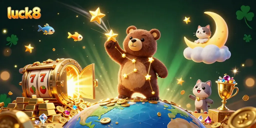 Experience luck8 excitement with a constellation bear, coins, and slot machine elements in a vibrant casino scene.