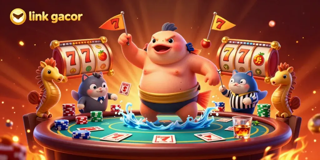 Experience link gacor excitement with vibrant 3D underwater casino scene featuring a fugu, catfish, and slot elements.