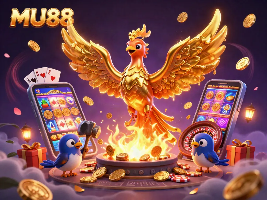 Engage with MU88's thrilling casino experience featuring a molten phoenix and dynamic gaming elements.