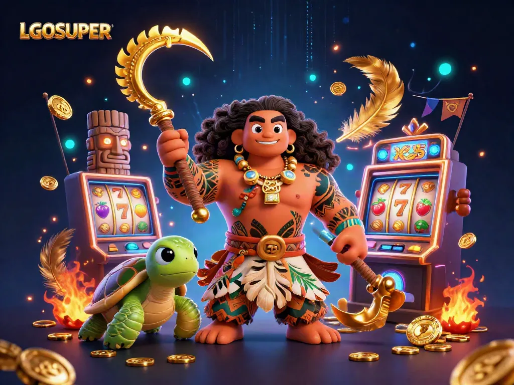 Engage with LGOSUPER's thrilling slot experience alongside a demigod and vibrant casino elements.