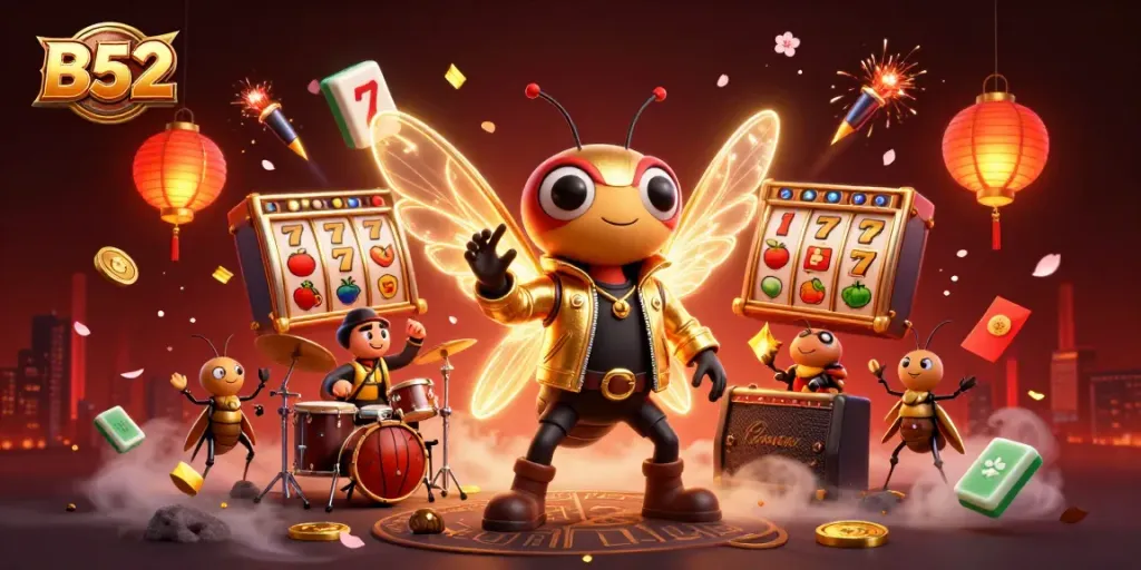 Experience B52 slot excitement with a lively cicada rock star in an electrifying casino scene.